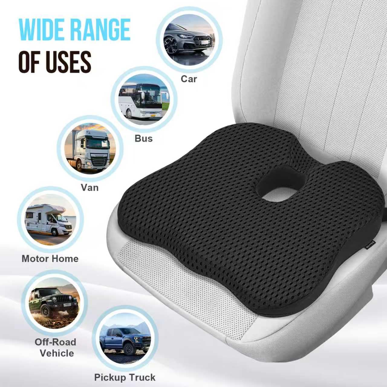 Cojín de Asiento para Coche – Cojín Elevador Ergonómico de Espuma Viscoelástica con Base Antideslizante y Correa Ajustable – Cojin Coche Conductor para Automóvil, Camión, Vehículo