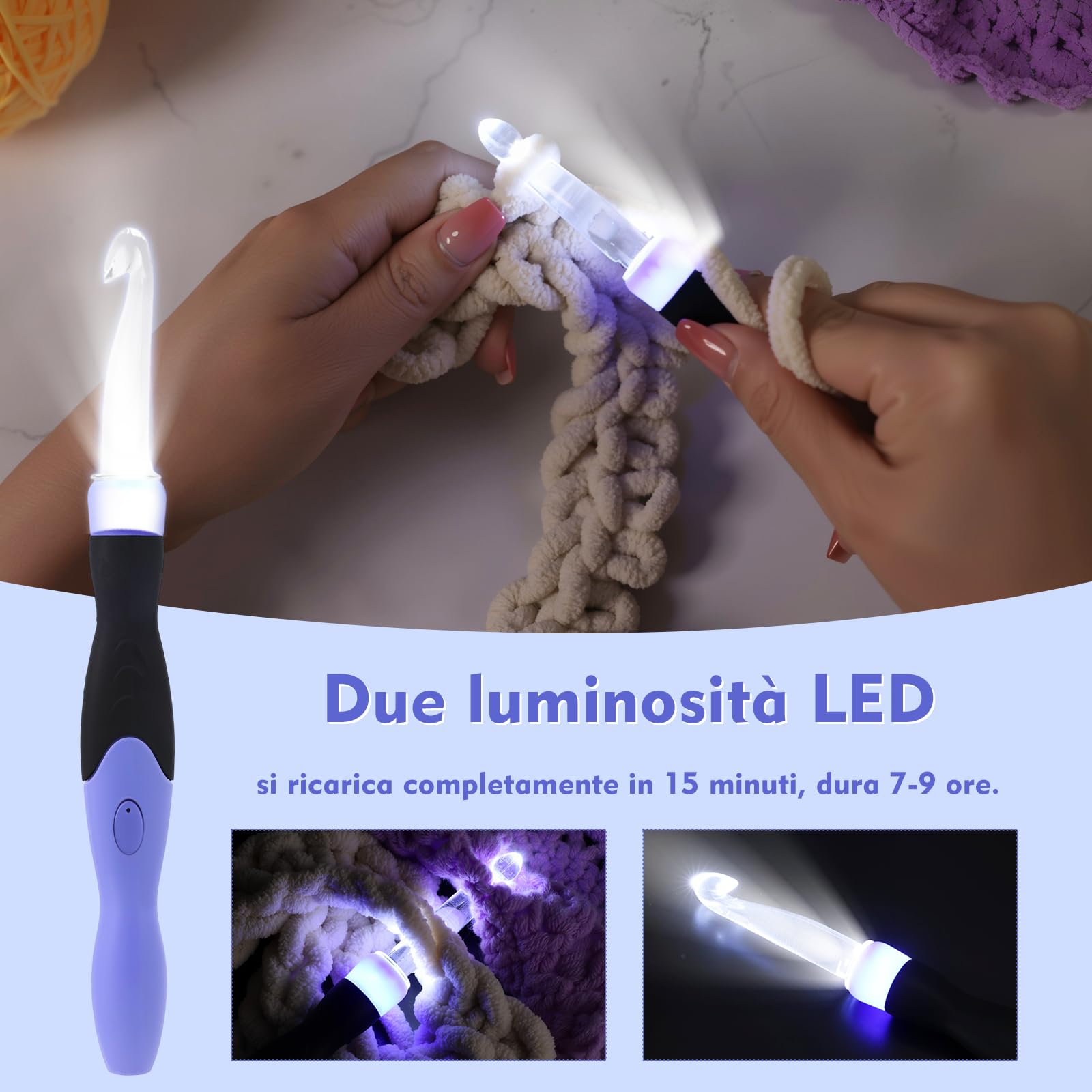AIYUNDI Set di Uncinetti 18 in 1 con Luce a LED, Uncinetti Ergonomici con Manico di Ricambio e Custodia,per Uncinetto e Lavoro a Maglia,Kit Uncinetto Principianti ed Esperti (2,0-14,0mm)