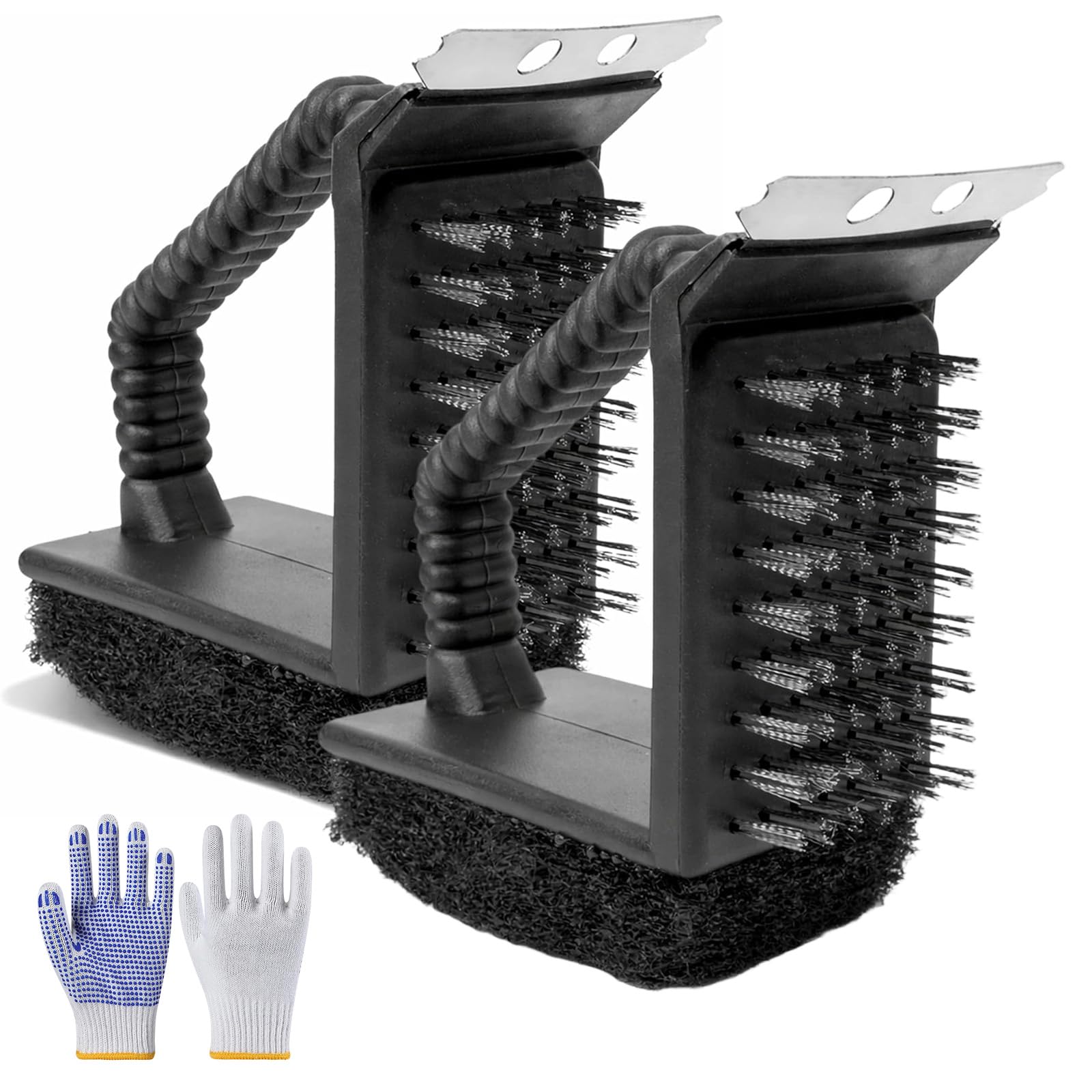Multi-Function Grill Cleaning Brush, BBQ Cleaning Brush, Steel Scraper and Wire Bristles, 3 in 1 Durable Clean Tool, Ideal for Maintaining Grills (2pcs)