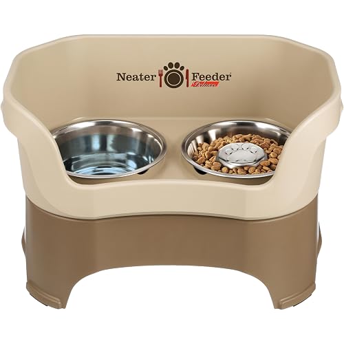 Neater Feeder Deluxe Mess Proof Dog Bowls Elevated for Large Breeds – Made in USA – No Spill Raised Slow Feeder Elevated Dog Bowl Stand, Stainless Steel Food and Water Bowl Set, Cappuccino
