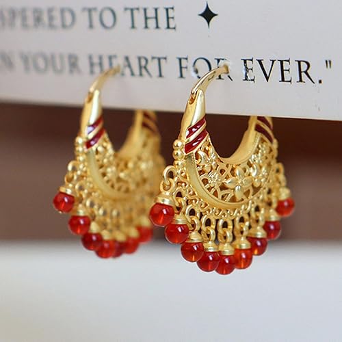 Miniatura 4 de Pendientes de aro estilo chino vintage con cuentas de ágata azulroja y borlas de perlas, latón chapado en oro de 18 quilates, joyería bohemia para