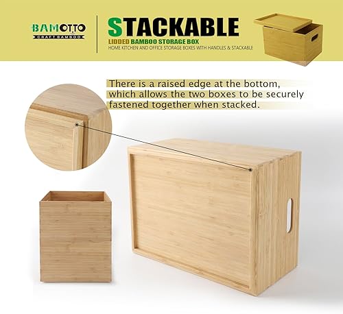 Miniatura 3 de BAMOTTO - Contenedores de almacenamiento de bambú con tapa y cajacubo, cajas de almacenamiento de cocina y oficina para el hogar con asas y