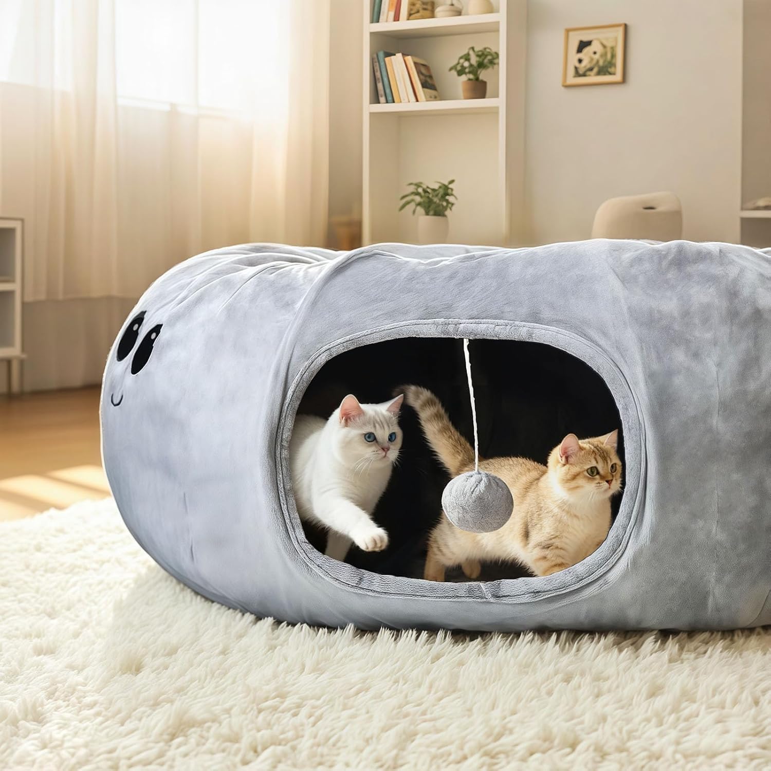 Cat Tunnel Bed for Indoor Cats, Peekaboo Cat Cave Bed with 20 Pcs Cat Toys, Soft Cat Donut Tunnel for Kitten Large Cats, Grey Octopus