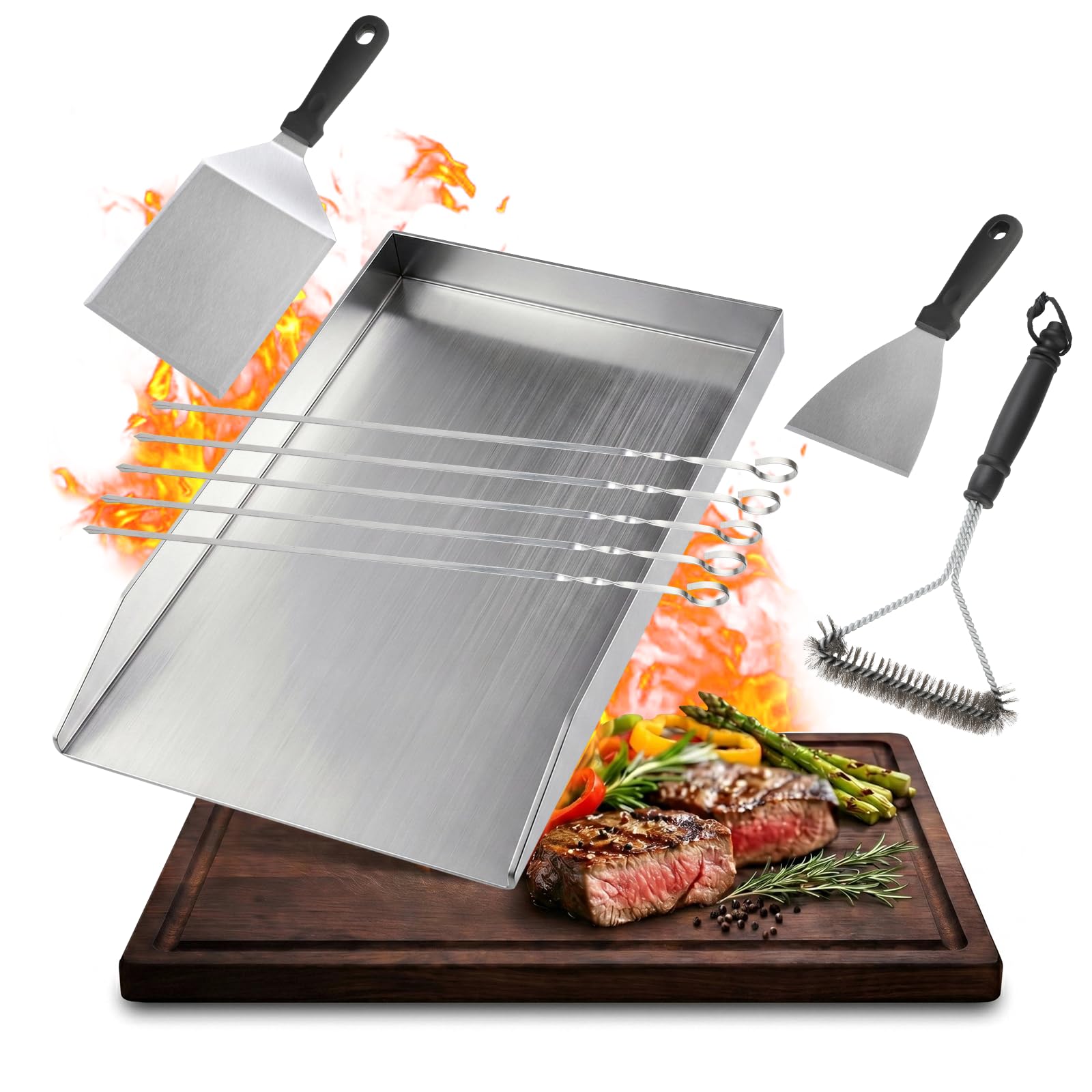 SMOOL Plancha de acero inoxidable de 30 x 20 cm, para barbacoa de gas, | Barbacoa de carbón y parrilla eléctrica, juego de plancha con espátula, brochetas y cepillo de limpieza para camping y