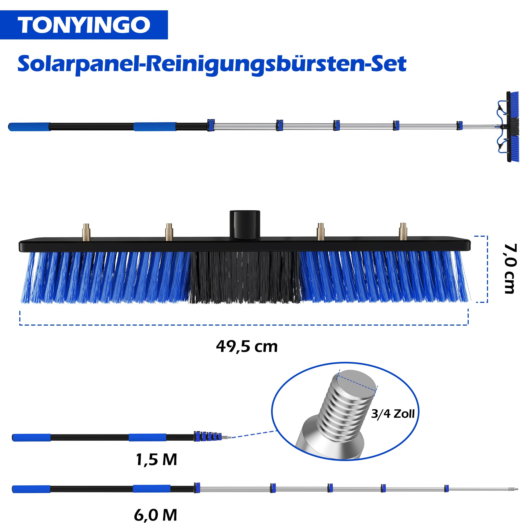 9M Reichweite Solarpanel-Reinigungsbürsten-Set, 1,5–7,2M Teleskopstange Mit Wasseranschluss & Dual-Action Verschluss, Für Schneeräumung, Fenster, Boote, Wohnmobile