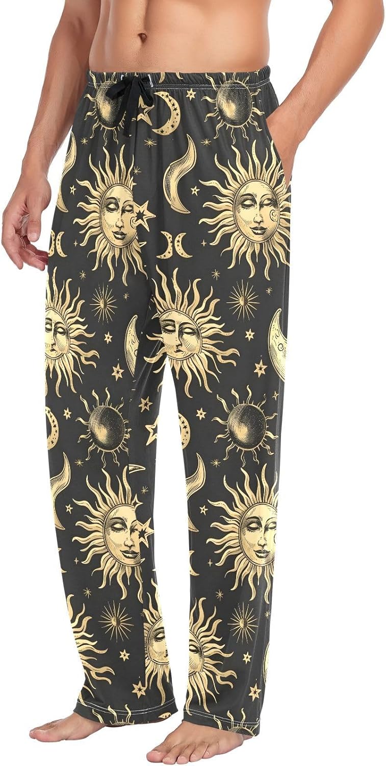 ALAZA Crescent Moon Sun Stars Men's Pajama Pants Men Cotton Pajama Bottoms with Pockets, S