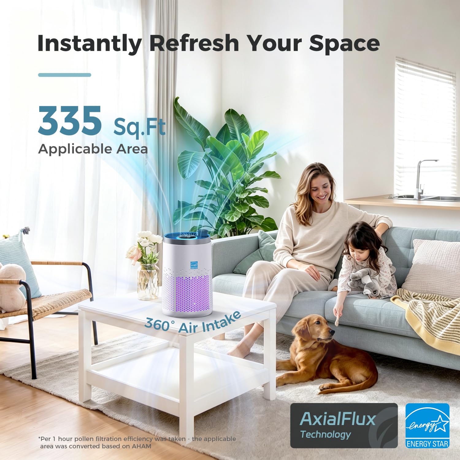 AROEVE MK20 Purificatore d'aria per camera da letto e appartamento, filtro multistrato 3 in 1 contro fumo, polline, polvere, peli di animali e odori, 24 dB, modalità sonno, aromaterapia, 4 livelli