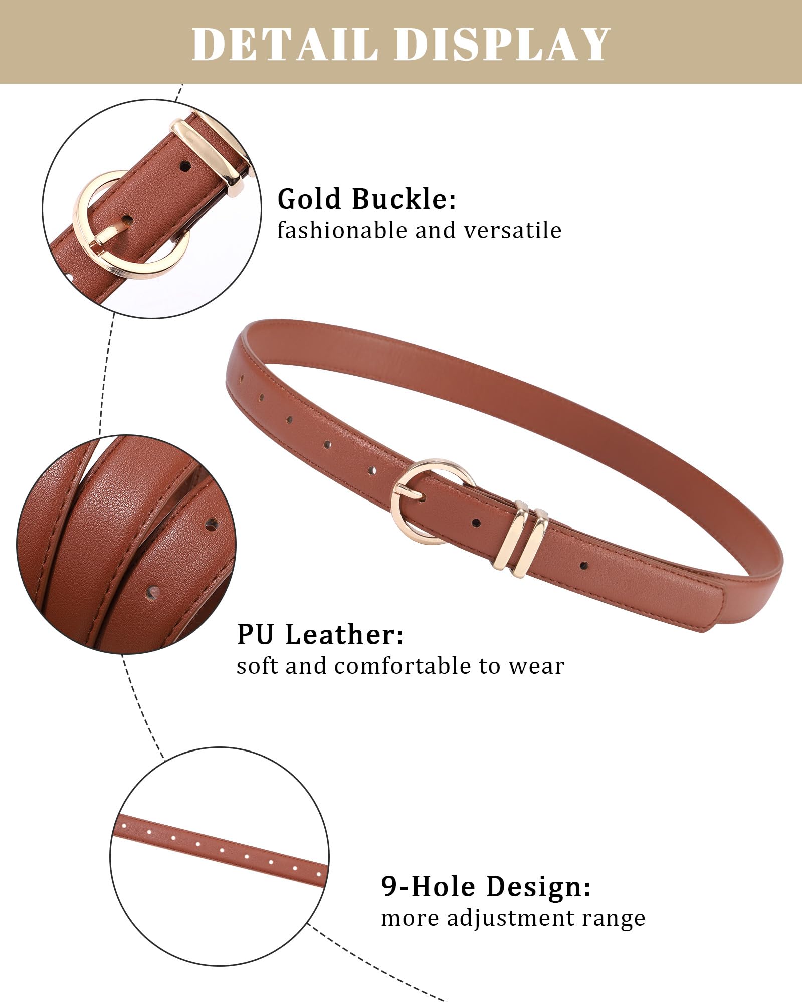 AWAYTR 2 Pcs Kids Girls Leather Belt, Fashion Gold Buckle Belts for Teen Girls Jeans Dress, Brown/White, Fit Waist 30-34 in