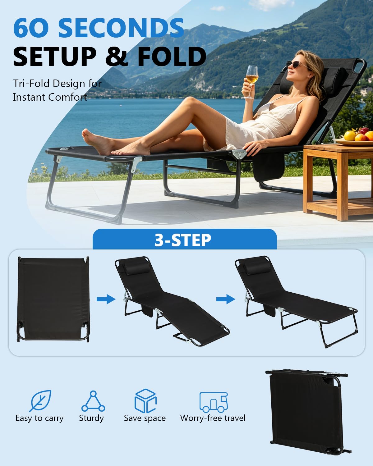Tumbona plegable ligera, resistente a la intemperie, 150 kg, con respaldo ajustable de 5 posiciones, tumbona de playa plegable, para balcón, jardín, piscina, playa (negro)