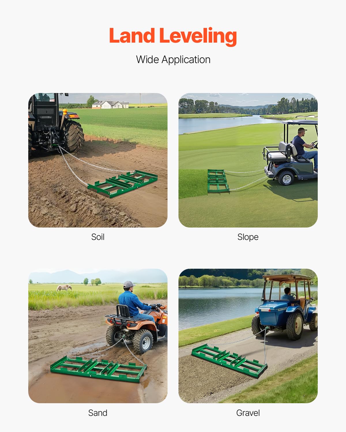 VEVOR Rastrillo de Arrastre 122 cm con Cadena de 183 mm Rastrillo para Nivelación de Caminos de Acceso para Vehículos Todo Terreno, UTV, Tractores, Cortacéspedes, Herramienta de Nivelación de Césped