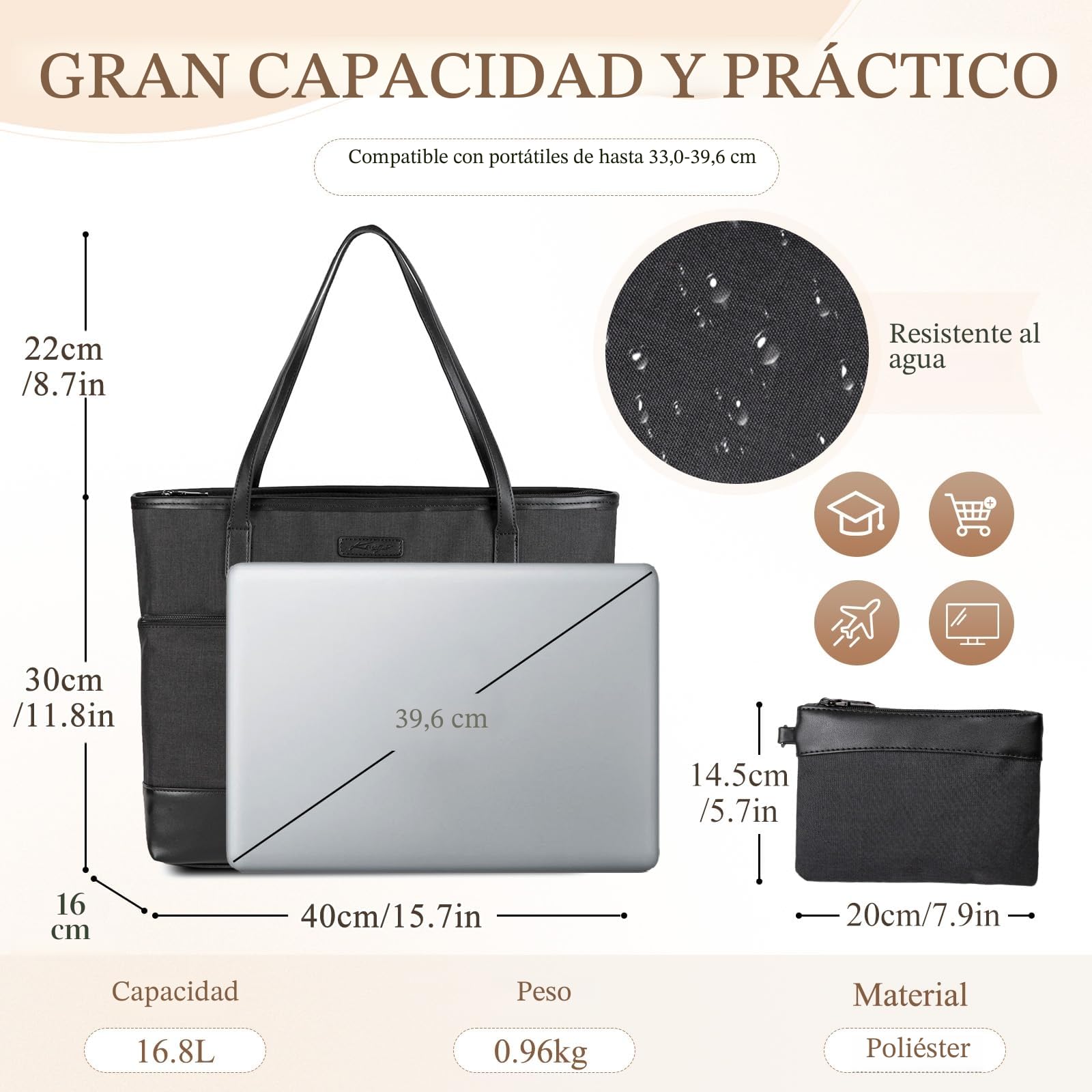 Bolso Tote Impermeable para Mujer, Bolso Grande para Ordenador Portátil 15.6 Pulgadas Set 2 en 1 (Bolso + Cartera) para Trabajo Universidad Shopper Viaje