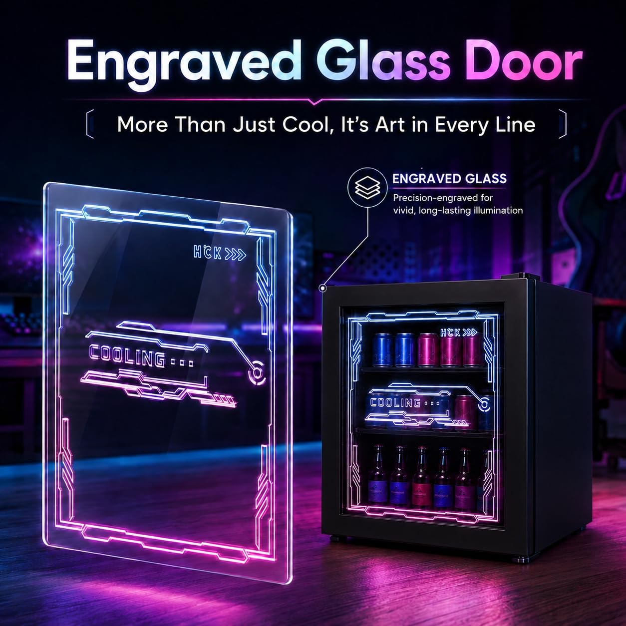 HCK Mini Kühlschrank 48L, Getränkekühlschrank mit Glastür und LED Beleuchtung, Cyberpunk Design, leise 39dB, 0-10℃ Bierkühlschrank für Gaming Room, Party, Bar, Schwarz