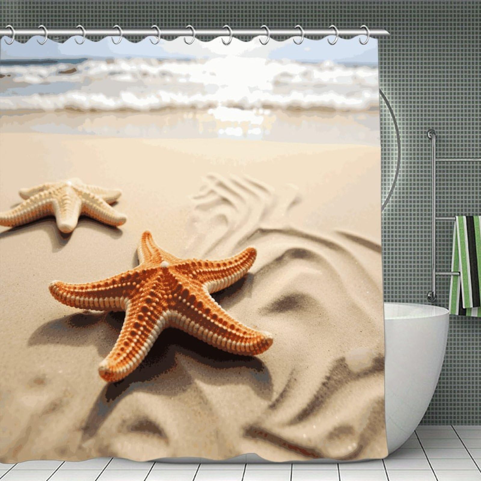 FekiLoot Starfish on The Sand Beach Landscape Shower Curtain Minimalist Thick Bathroom Curtain Washable Modern Bathroom Shower Curtain Heavy Duty Waterproof Cloth Bath Curtain with Hooks 70.8"x70.8"
