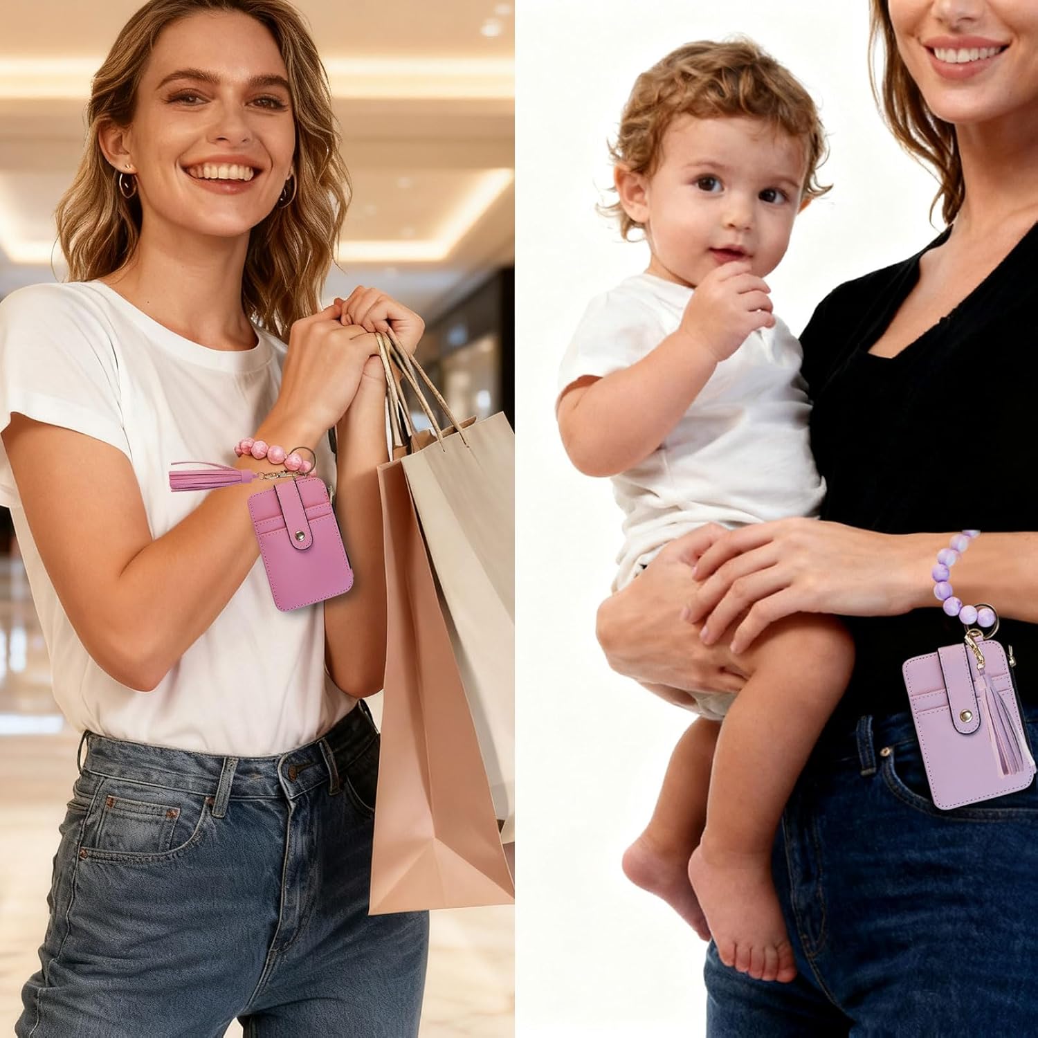 Womens Boho Beaded Wristlet Wallet Keychain with Flower Pattern, Boho Style Beaded Tassel Card Holder Purse for Women - Image 9