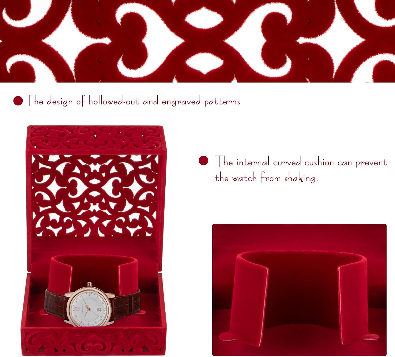SHIDOW Red Flocked Velvet Hollow-Out Watch Gift Box, Single Watch Case, 1 Slot Display Case, Anniversary Birthday Valentine Gifts for Men Women, Chinese Style