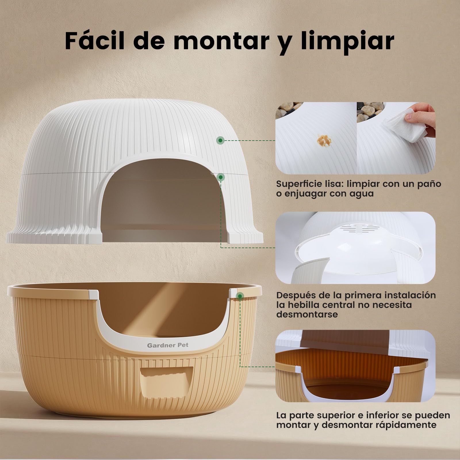 Gardner Pet Arenero Gato con Planta Artificial y Pala-Café Claro | Incluye Filtro de Carbón Activado Anti-Olores, Fácil de Rellenar, Limpiar y Mantener, Diseño a Prueba de Fugas