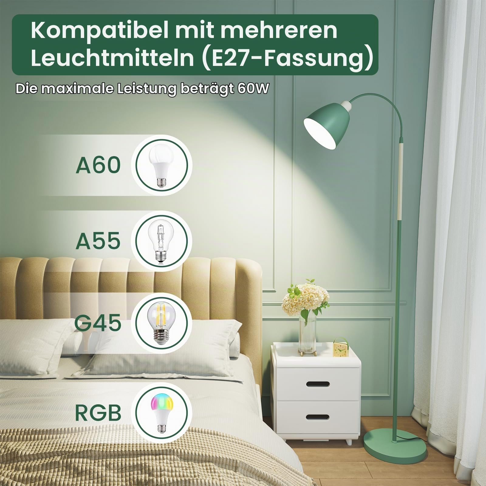 SIBRILLE E27 Leselampe Stehlampe Wohnzimmer Dimmbar mit Fernbedienung, 3000K-6000K Höhe 168cm Max 60W Deckenfluter Dimmbar Flexibler Schwanenhals Leselampe Mit LED-Lampe(Schalenform)