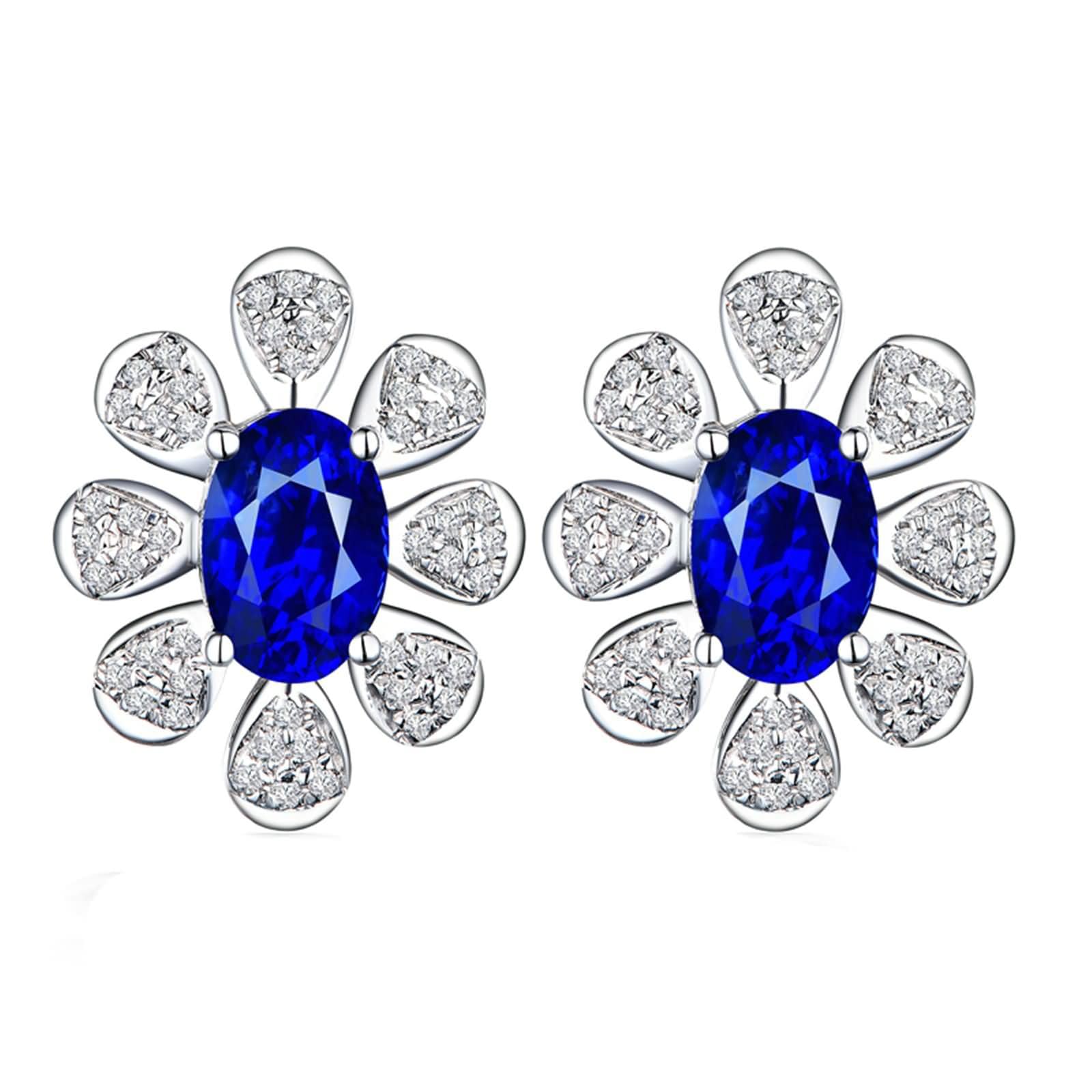 9K / 14K / 18K / 18 Kt Białe Złoto Ślubne Kolczyki Damskie Kwiat Owalny 1,2 CT Szafir Diament Kolczyki Kolczyki Kobiet Niebieski Srebrny