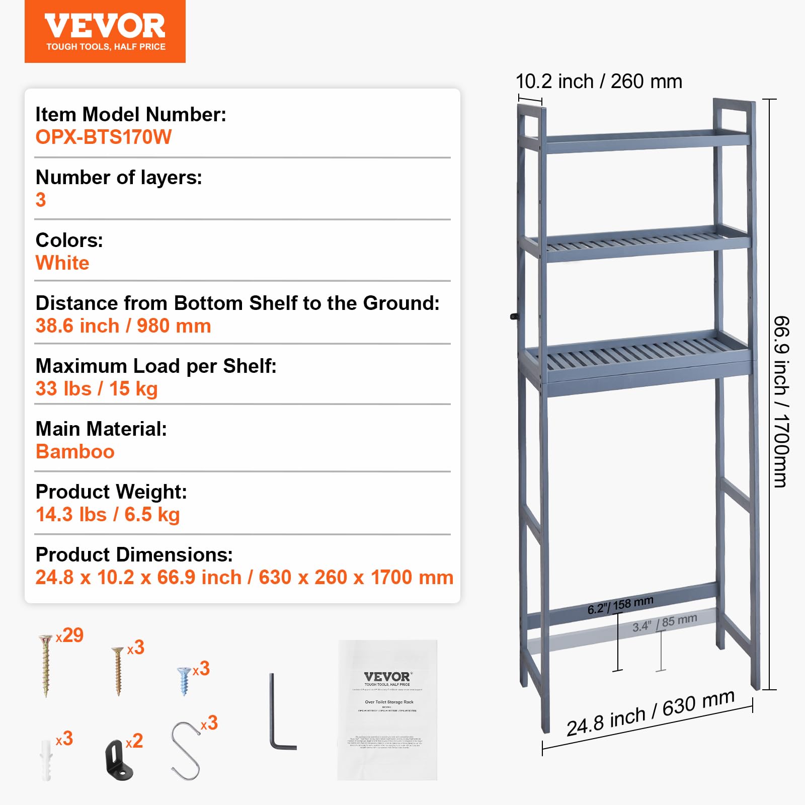 VEVOR Estante para Inodoro Ajustable de 3 Niveles Almacenamiento sobre Inodoro Estantería de Madera para Baño con 3 Ganchos Mueble de Baño Adecuado para la Mayoría de los Inodoros, Lavadero, Gris