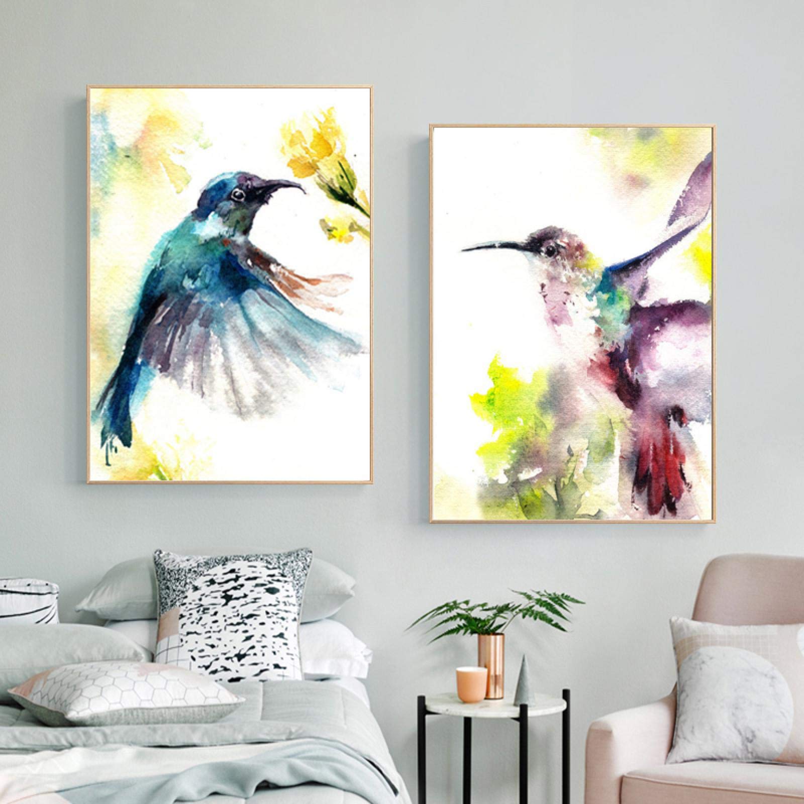 Acuarela Colibrí Animal Pósteres e impresiones Lienzo Pintura Pájaro Pintura Arte de la pared Cuadros para niños Sala de estar 30x45cm (12x18in) x2 con marco
