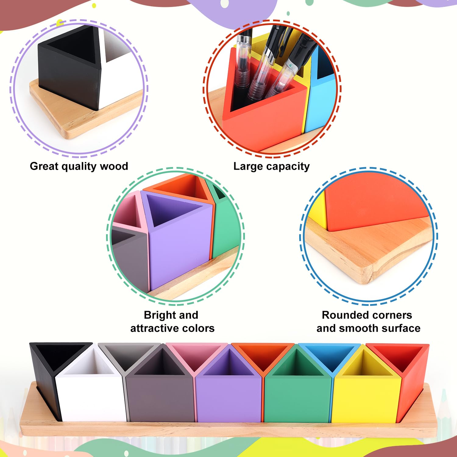 Diegimr Wooden Colored Pencil Holder, Desk Wood Coloured Pencil Holder with 11 Movable Compartments Pen Cups Holders Montessori Crayon Organiser for Desk Office Home Supply - Image 4