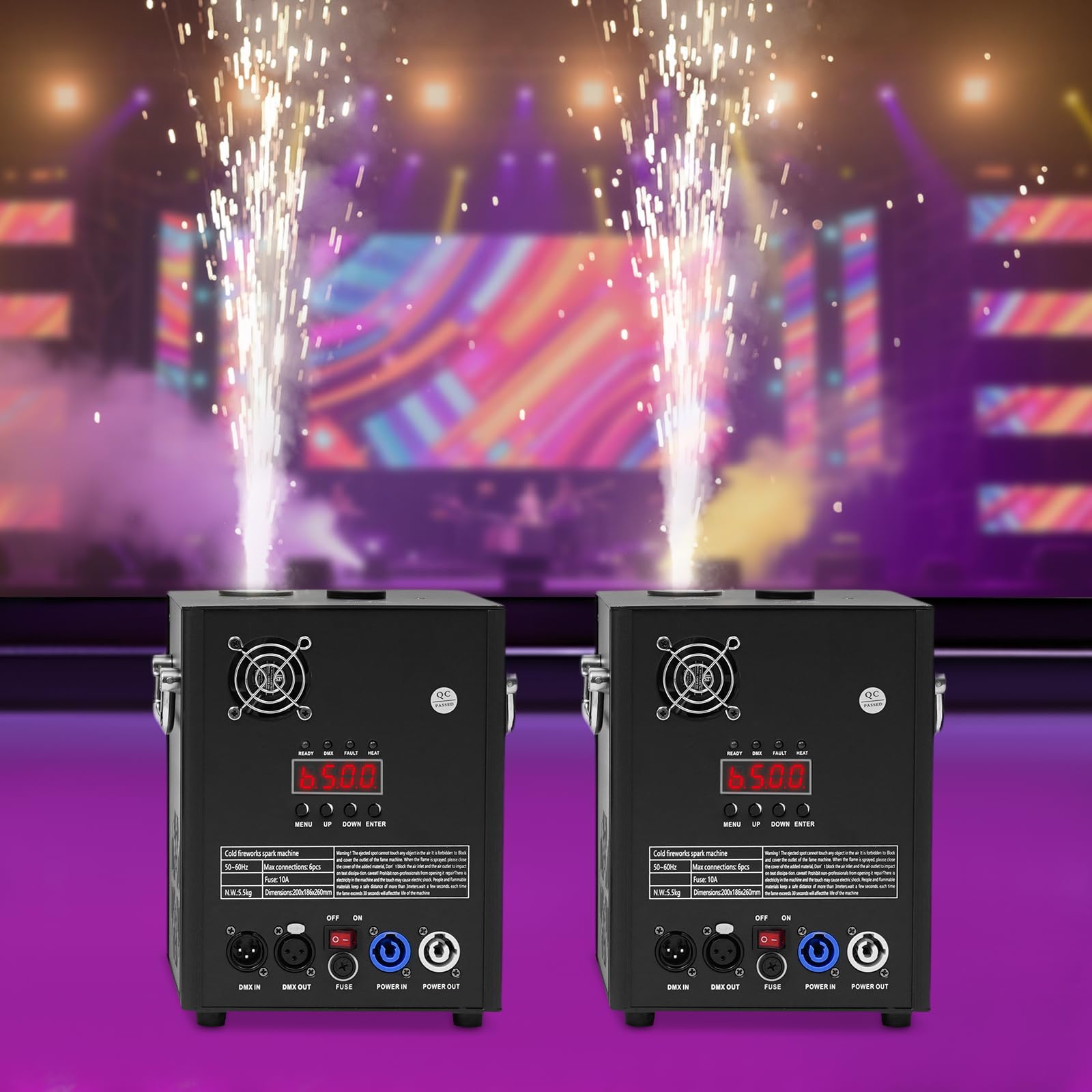 Set di 2 macchine pirotecniche con valigetta, 750 W, fuochi d'artificio freddi, DMX512 e telecomando, macchina da palcoscenico regolabile in altezza per matrimoni, feste, DJ, concerti, colore nero