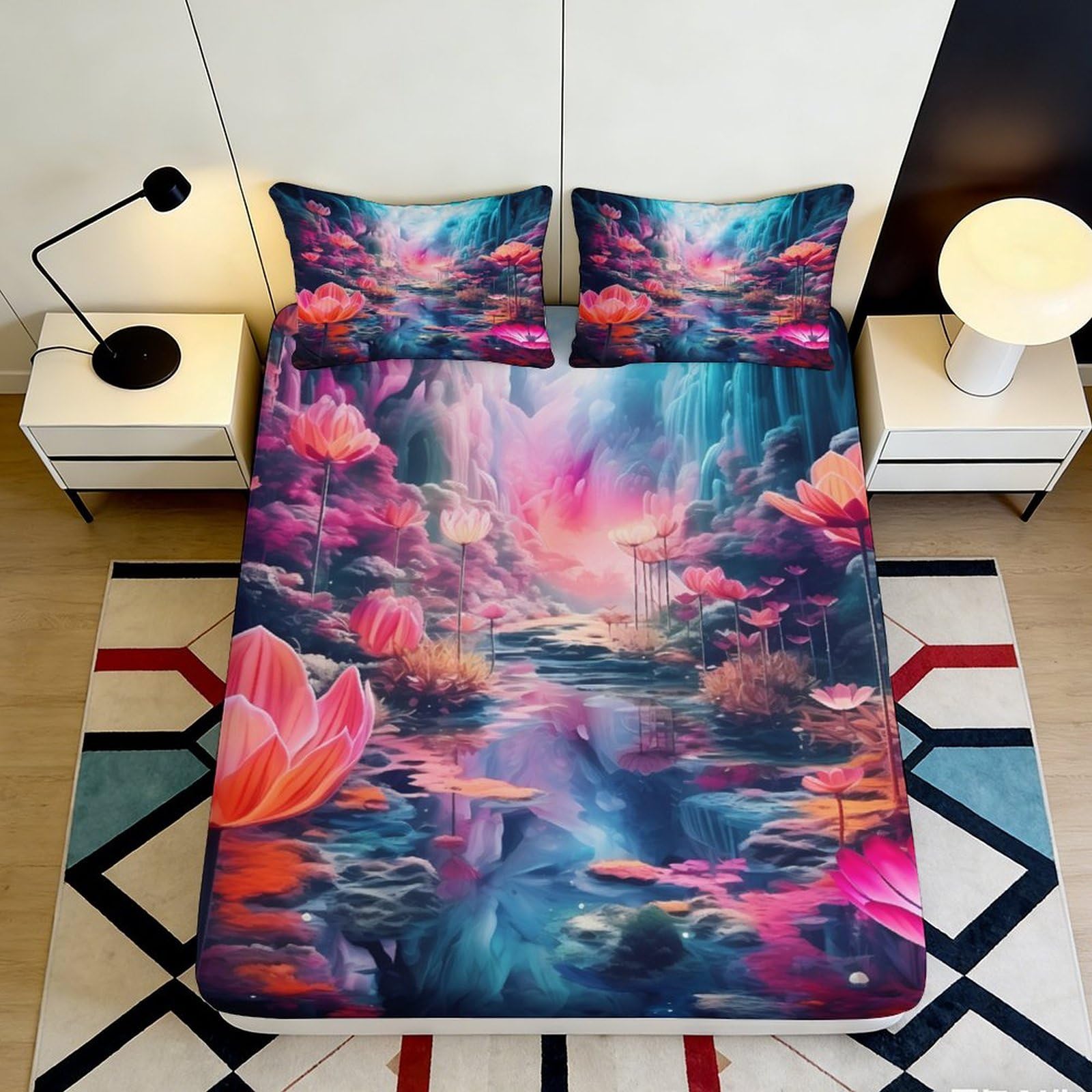 Pnayamiorkfel Style-10 3D Printed Dreamy Lotus Lake Fitted Sheet Microfiber Soft Pink Blue Bed Sheet For Bedroom Guest Room Decor 90X200x25cm