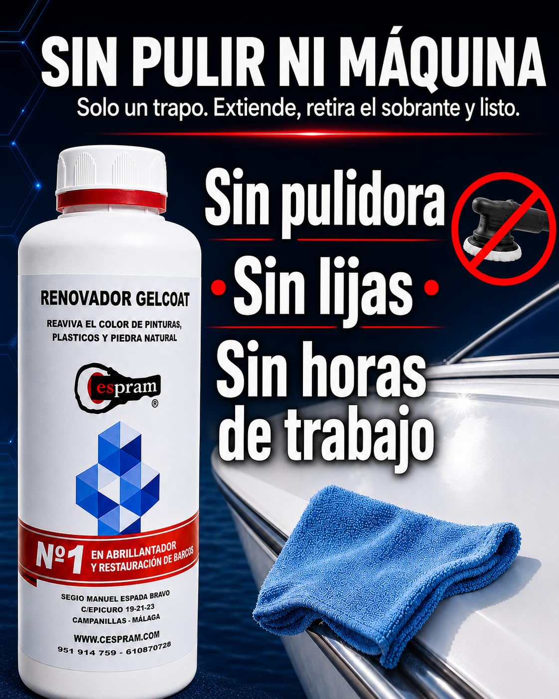 Gelcoat - Abrillantador y Restaurador 1 L - Reaviva el Color y el Brillo de Barcos, Fibra de Vidrio, Plásticos y Pintura sin Pulir - Aplicación con Trapo, Efecto Duradero
