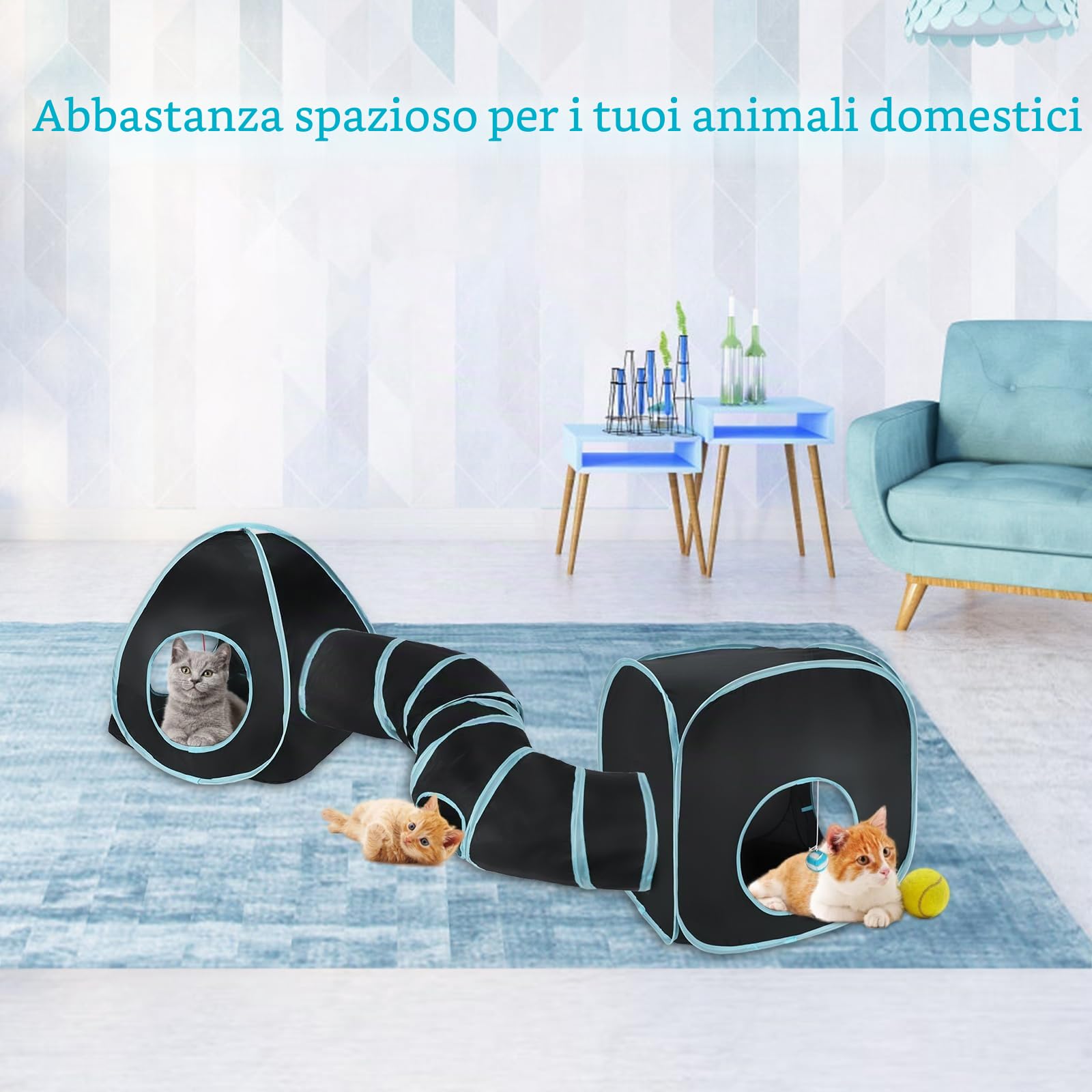 Tunnel per Gatti Casetta Portatile 3 in 1 Gioco Gatto,Tubo Interattivo Pieghevole per Gatti e Cubi per Divertimento,Esercizio e Gioco(Blu Nero)