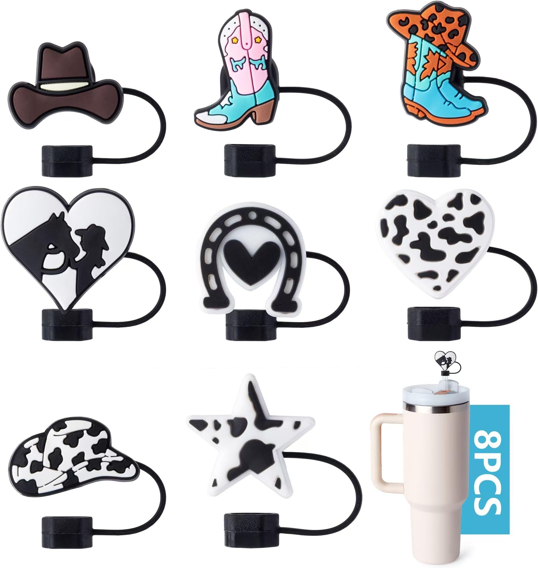 8-Piece West Cowboy Straw Covers for Stanley Cup, 0.4in/10mm Diameter Straw Toppers Cap,Compatible with Stanley 20 30&40 0z Cup, Dust-Proof Straw Caps for Water Bottle