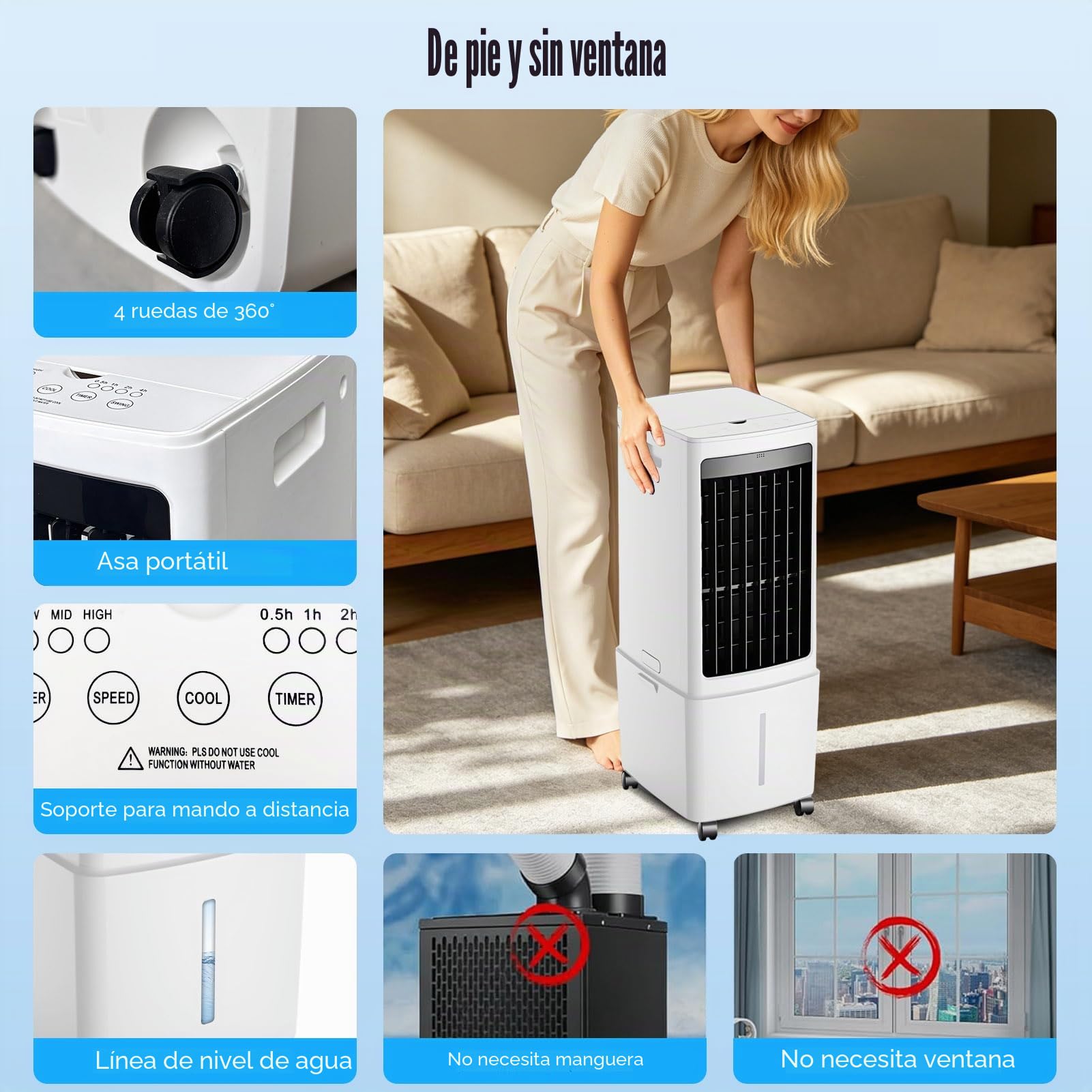 Enfriador De Aire Compacto con Tanque De Agua De 12l, 3 Ajustes De Velocidad, Ventilador De Aire Acondicionado con Mando A Distancia, Temporizador De 1-12 Horas, para Dormitorio