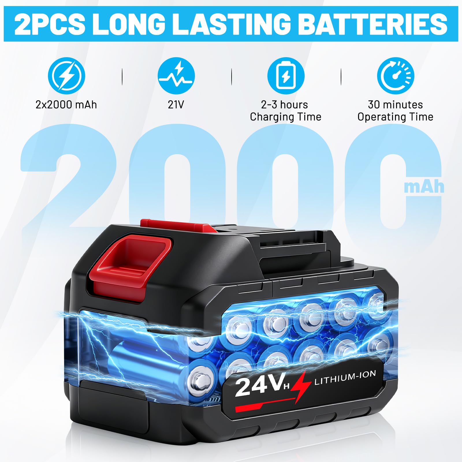 KAOLALI Cortasetos de 20 pulgadas, cortasetos eléctricos de 21 V con indicador de nivel de batería, cortasetos inalámbricos con 2 baterías 2000 mAh, hoja de doble acción 50 cm, cortasetos 600 W para