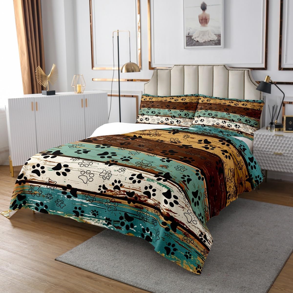 Manfei Dog Paw Print Bedspread Queen Size, Animal Theme Coverlet Set for Kids Boy Girls Room Decor, Farmhouse Blue Brown Wooden Plank Quilted Coverlet with 2 Pillowcases, Soft Polyester Bedding Quilt