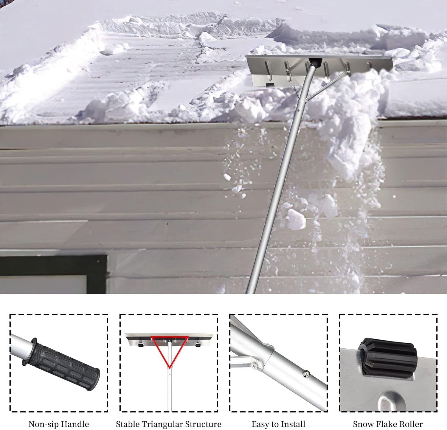 review AKUSAKO Snow Roof Rake - Aluminum Snow Removal Rake with 5 Tubes,4-20FT Extendable Snow Roof Scratch Free Rake with Anti-Skid Handle, 25.5