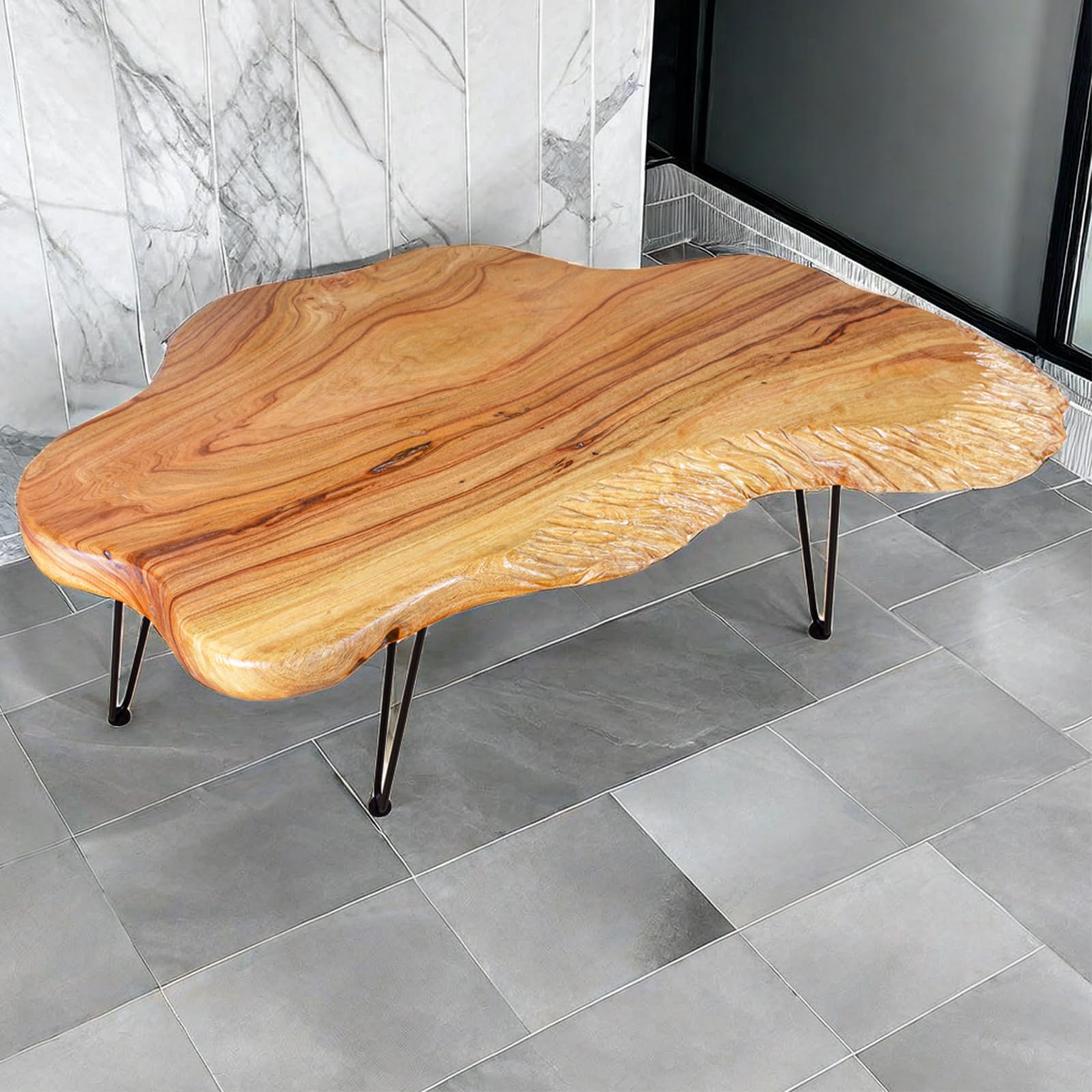 BTEOBFY Live Edge Coffee Table - Natural Camphor Wood with Metal Legs | Unique Vintage Design