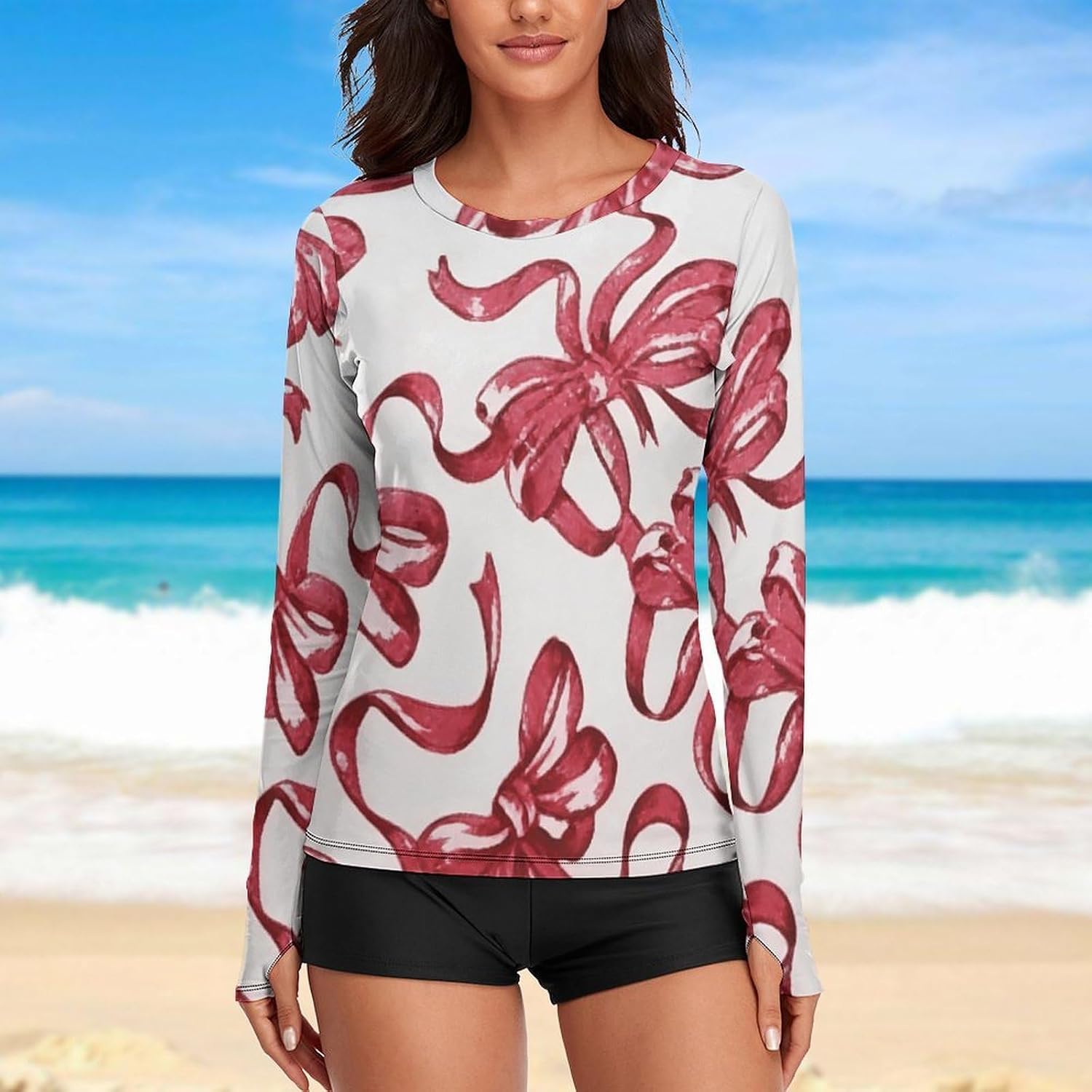 Bows Pink Rash Guard for Women UPF 50+ UV Sun Protection | Long Sleeve Workout Top Quick Dry Athletic Hiking Shirt Moisture Wicking Swim Shirt for Running, Cycling, Swimming