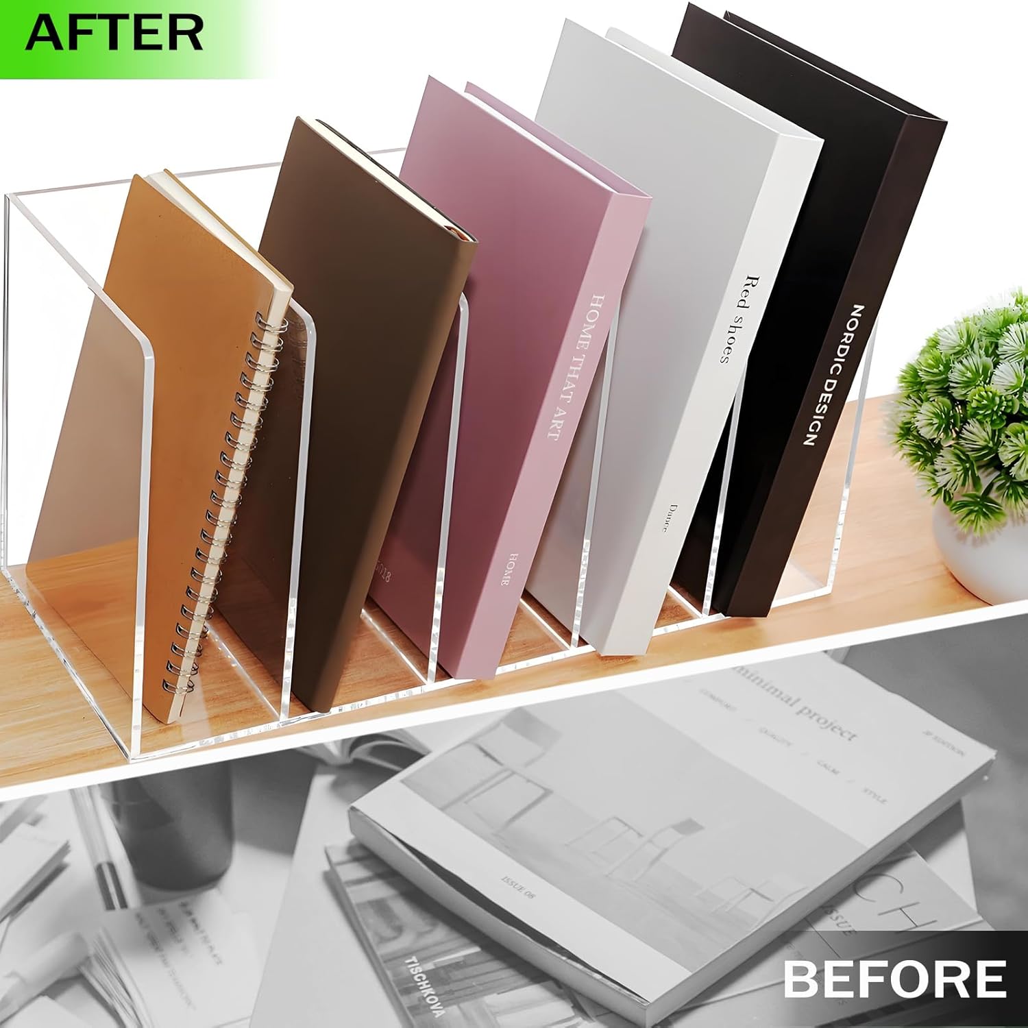 Acrylic Magazine File Holder with 5 Vertical Compartments, Clear Desk Organizer and Magazine Storage Rack File Organizer Bookshelf for Office Desktop Accessories, Home Workspace