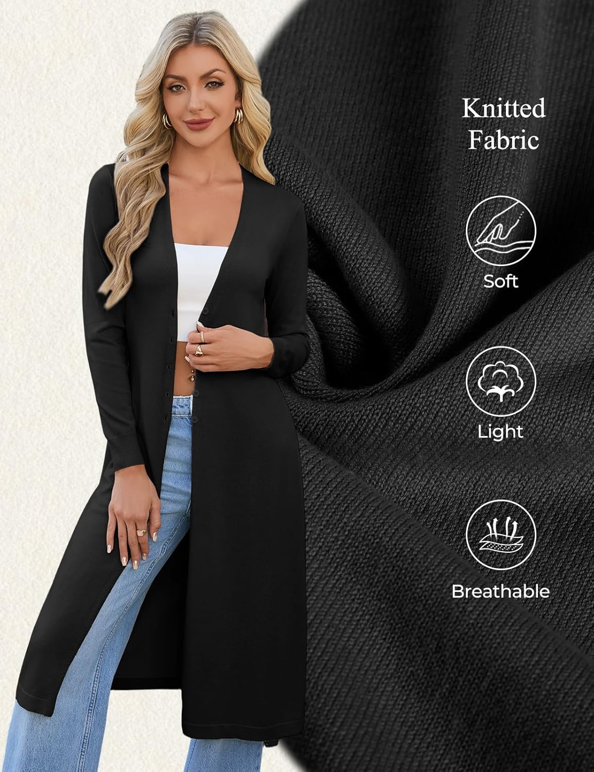 GRACE KARIN Womens Long Cardigan Trendy, Lightweight Knit Dusters Coat, V Neck Button Up Sweater Maxi Dress - Image 4