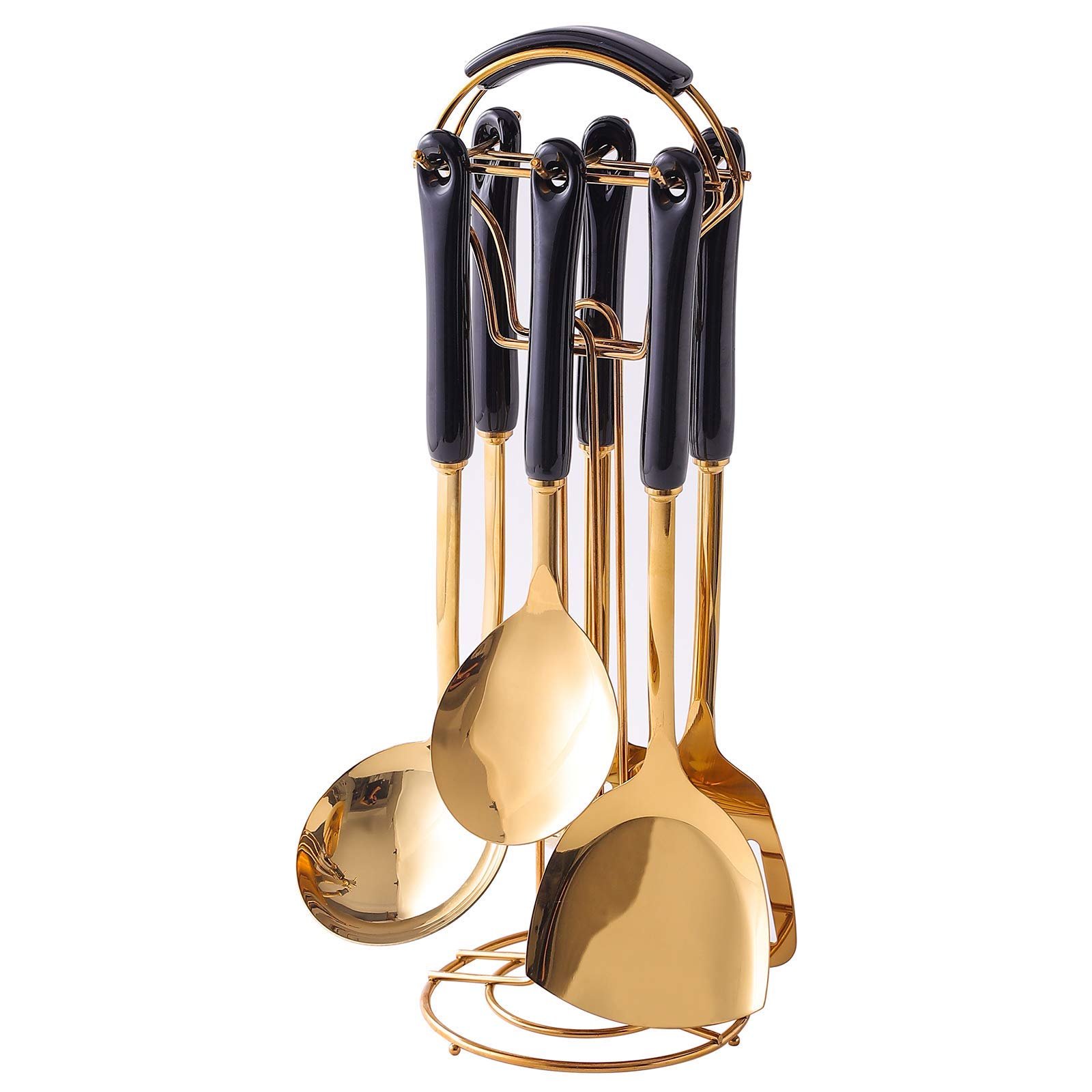 Küchenhelfer-Set 304 Edelstahl 7-teilig Gold Breite Spatel Suppenkelle Sieb Schlitzspatel Spaghetti Server Reislöffel Grün (Schwarz)