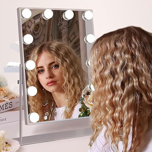 Miniatura 6 de COOLJEEN Espejo de maquillaje con luces, 12 bombillas LED, espejo Hollywood iluminado, aumento de 10X, 3 modos de color, control táctil, regalo para