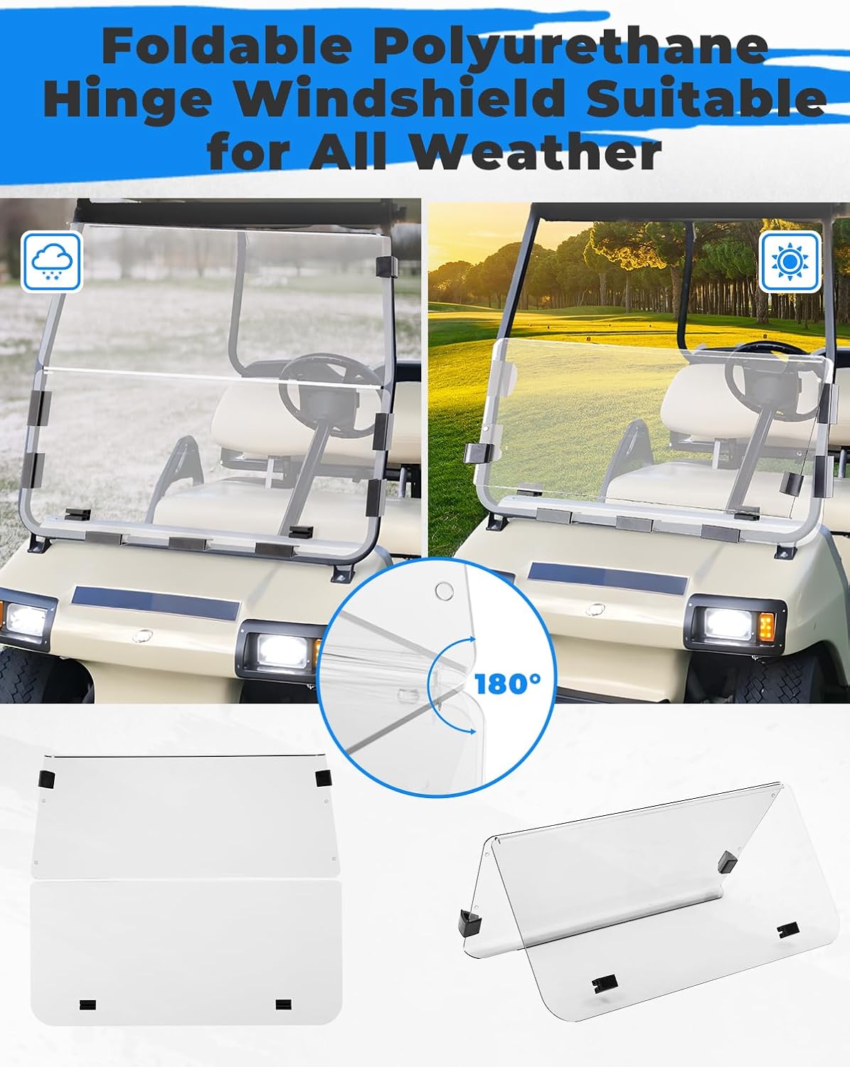 KEMIMOTO Foldable Golf Cart Windshield Compatible with Club Car DS 2000+, Anti-UV and Impact-Resistant Acrylic (Clear)