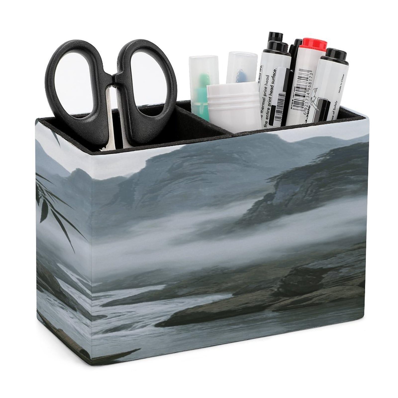 LZQPOEAS Rainy And Misty Return of The Boat Pen Holder Double Compartments Pen Cup Makeup Brush Holders Leather Pencil Holder Locker Organizer for Work Locker Accessories Modern Pencil Cup for Desk