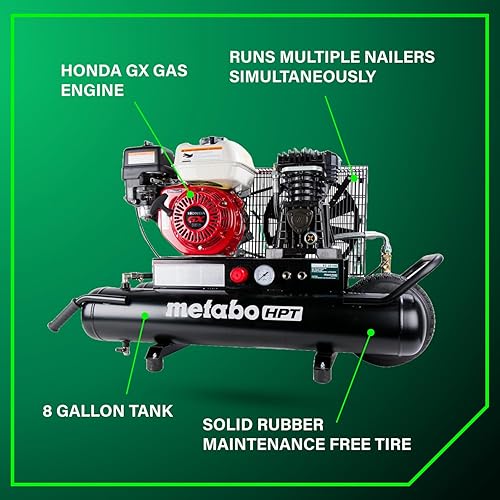 Miniatura 3 de Metabo HPT Compresor de aire con ruedas alimentado a gas, 8 galones, 116 a 145 PSI, Grado Profesional, Motor Honda GX, Cilindro de hierro fundido