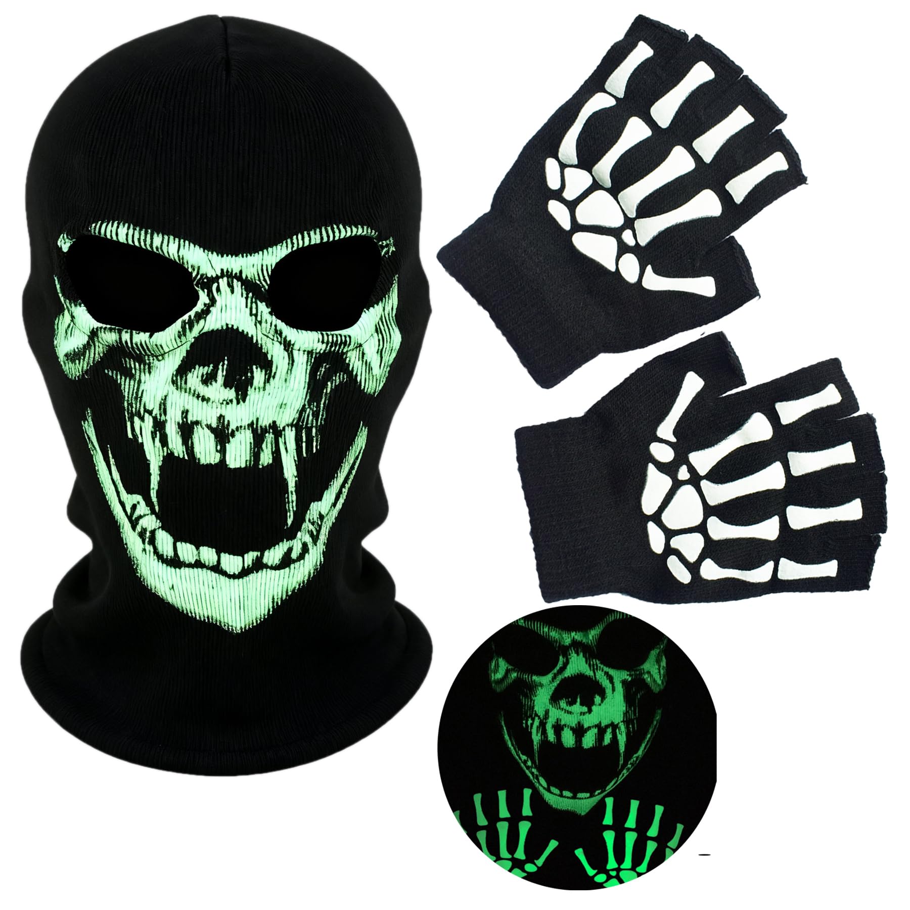 SGHE Skeleton Skull Halloween Balaclava Cap Face Mask With Gloves Glow in The Dark for Gift Game Cosplay Costume Cycling Outdoor Sporting Camping Hiking Warm