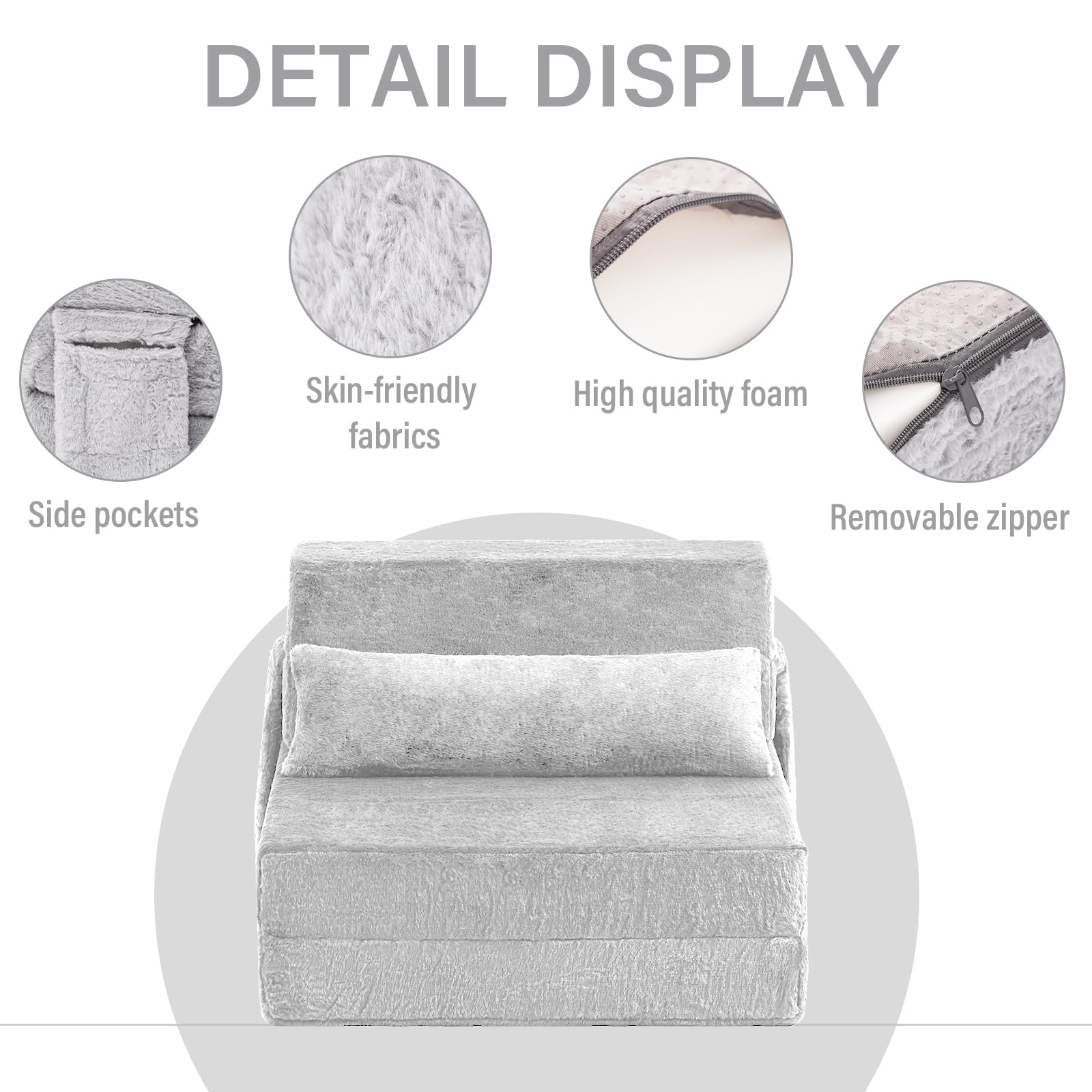 Sofá cama plegable con almohada, colchón de tamaño individual y tela de felpa con bolsa de almacenamiento portátil, tumbona de suelo, cama para sala de estar, habitación de invitados, 3