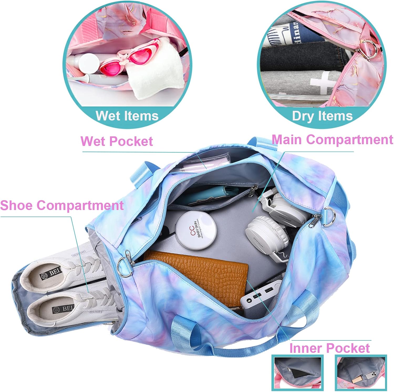Jumpopack Dance Bag Girls Duffle Bags Teen Sports Gym Bags Weekender Sleepover Overnight Bag with Shoe Compartment and Wet Pocket