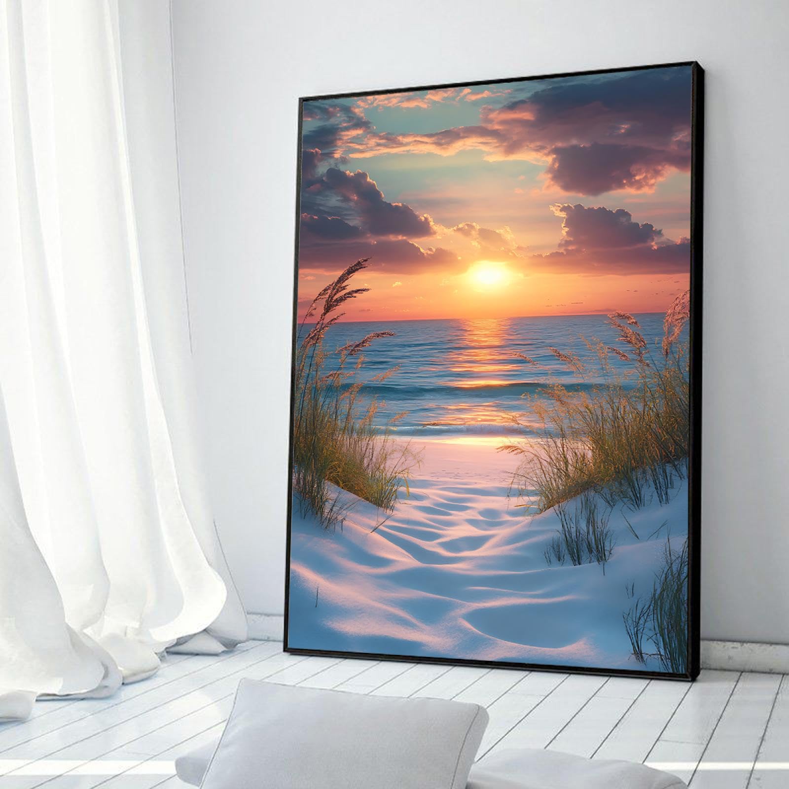 Via Vela Strand Sonnenuntergang Leinwand Wandkunst Küste Weg Bilder Kunstwerk Drucke Entspannen Meer Poster Malerei für Wohnzimmer Schlafzimmer Wohnkultur 80x120cm mit schwarzem Rahmen