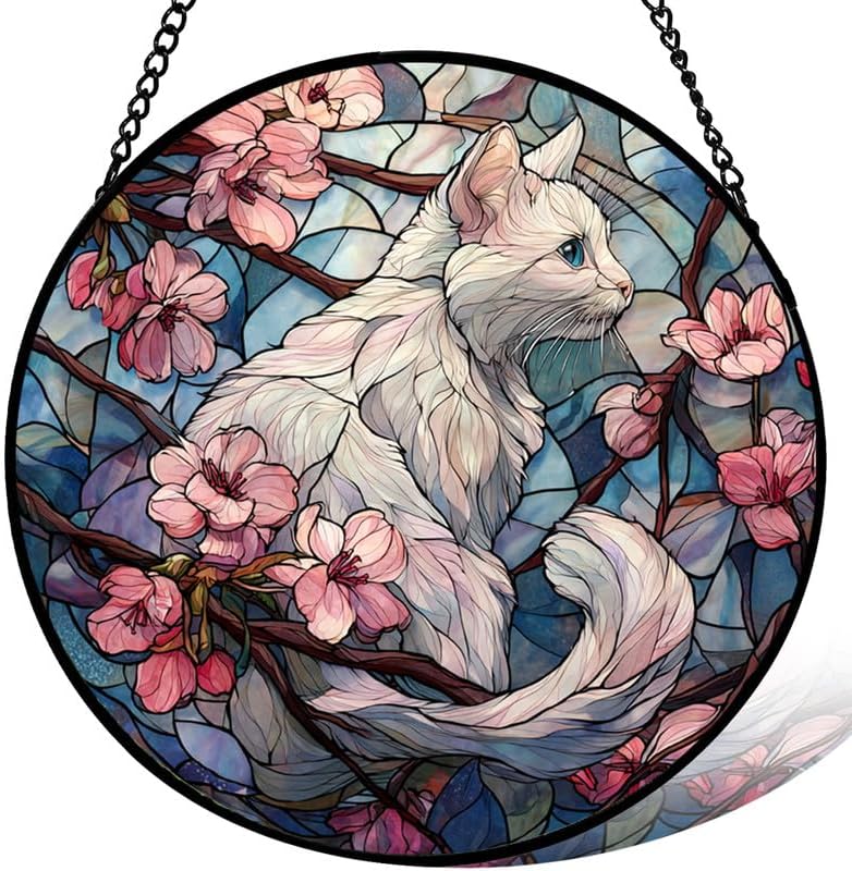 11.8in Stained Glass Window Hanging， White Cat with Cherry Blossom Sun Catchers Indoor Window， Core Decor Inside and Outside The Cottage， Gifts for Women