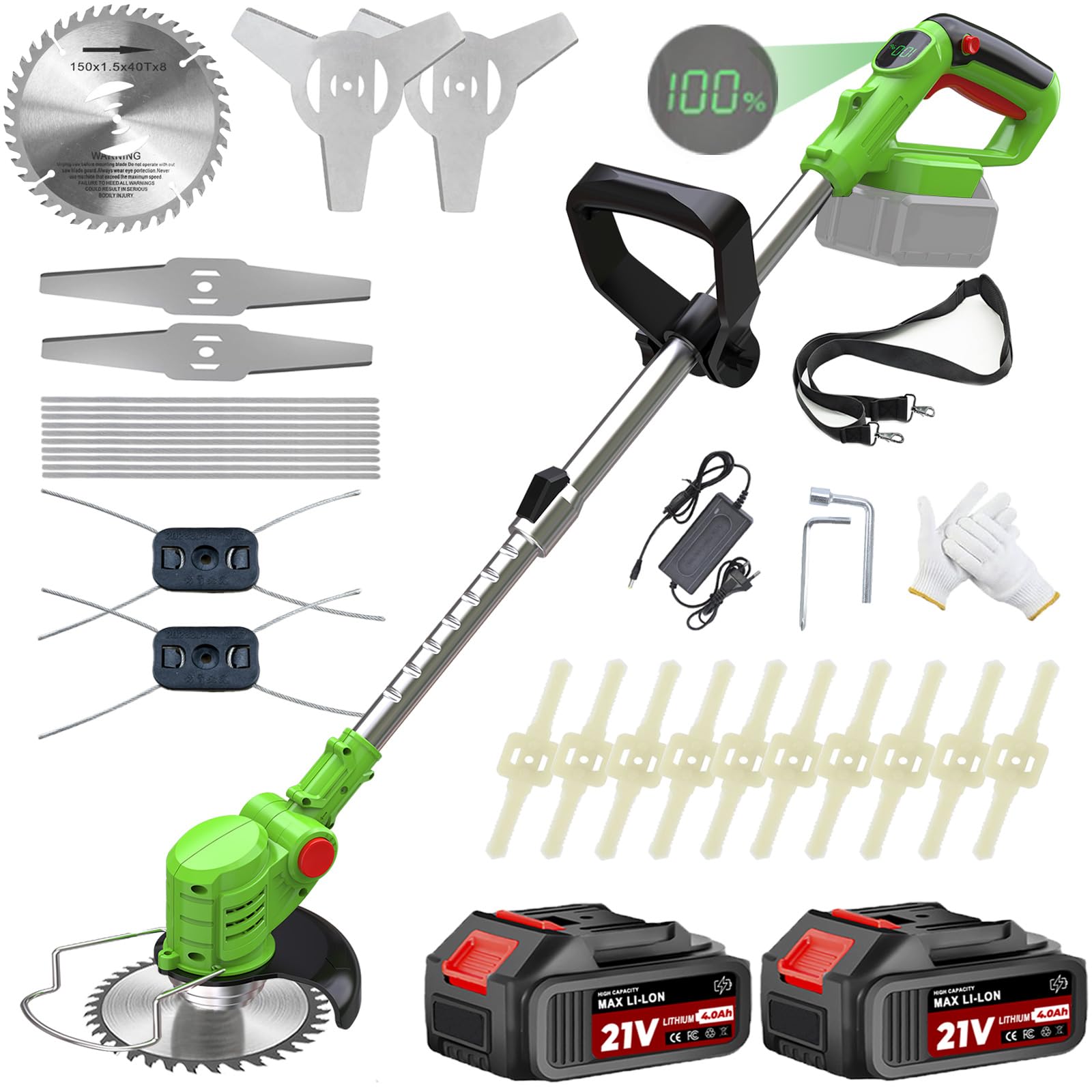 Debroussailleuse Electrique sans Fil, Coupe Bordure sans Fil avec 21V, Batterie avec 2 x 2000mAh Batteries et 4 Types de Lames, Débroussailleuse Batterie pour Tondre Le Gazon et Les Buissons (Vert)
