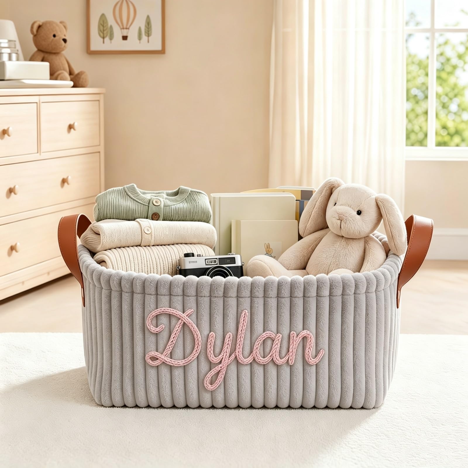 Custom Baby Diaper Caddy, Personalized Corduroy Storage Bin, Nursery Decor